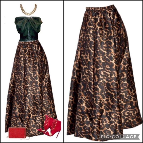 Boutique Satin Leopard Flowy A-Line Maxi Midi Skirt - Picture 2 of 16